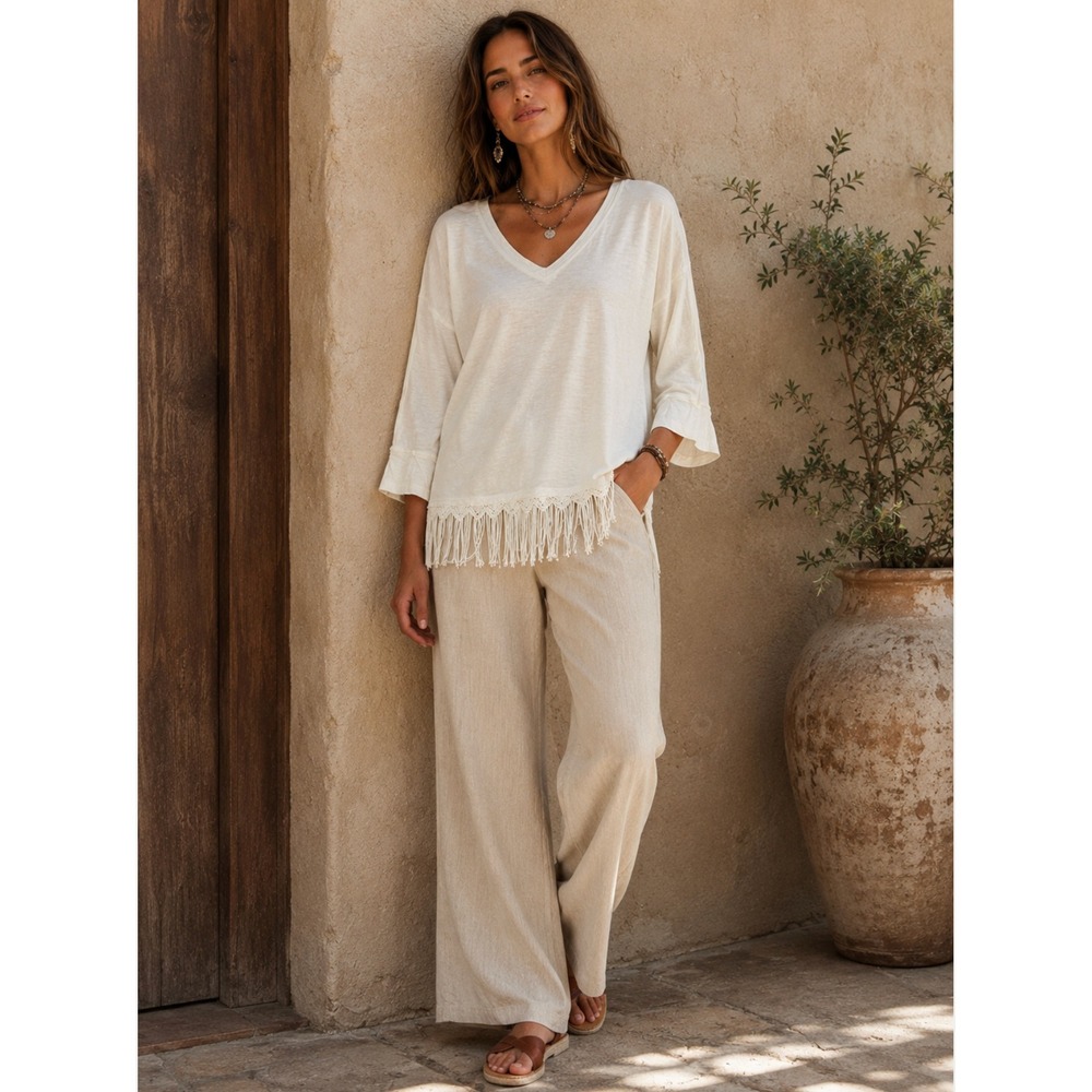 Sundance V-Neck Fringe Top Small Ivory Cotton Crochet Boho Coastal Beachy Tunics